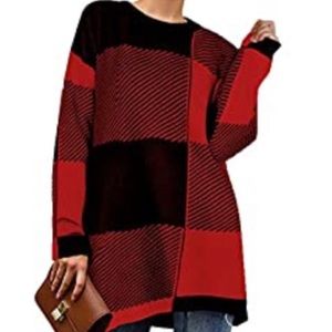 Womens Red Plaid Pullover Oversized Crew Neck Casual Knitted Sweater, sz 2X
